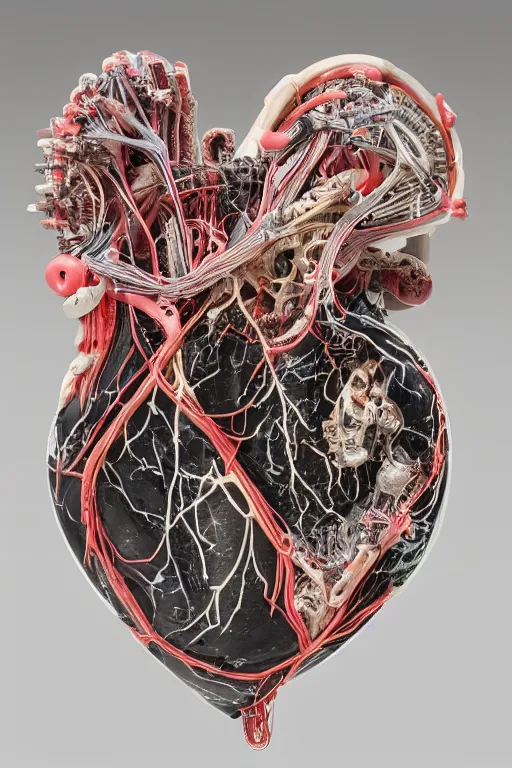 Prompt: a mechanical anatomical human heart made from marble, aggressive rococo, marble, ornate, 4k, style of Bernini sculpture, a million neon wires