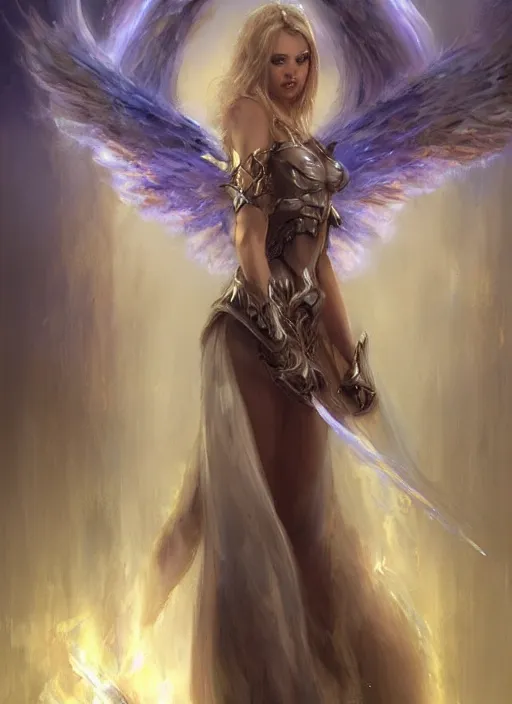 Image similar to concept art, angel knight girl. by artstation trending, by joseph mallord william turner, luis royo, konstantin razumov, cinematic lighting, fractal flame, highly detailed