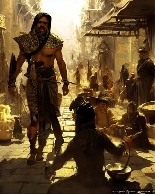 Prompt: fantasy concept art by anders zorn and craig mullins depicting colin farrell as an ancient egyptian rogue standing in a busy oriental market