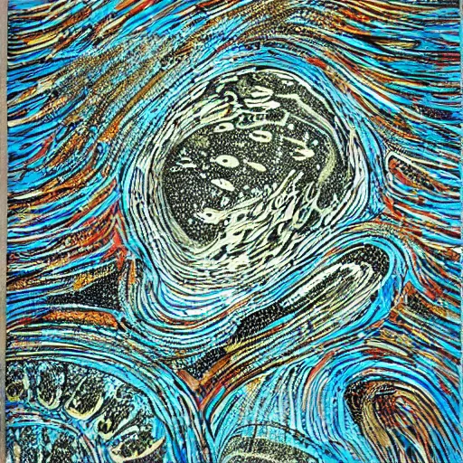 Prompt: weird fishes at the bottom of the sea, painting by stanley donwood and robert wyland, layered texture, shimmering