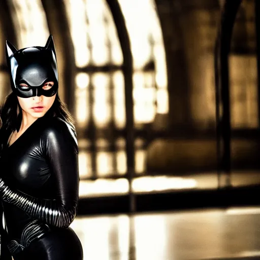 Image similar to Mila Kunis as Catwoman, XF IQ4, 150MP, 50mm, F1.4, ISO 200, 1/160s, natural light, photoshopped, lightroom, enhanced