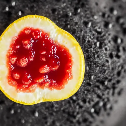 Image similar to close - up shot of a lemon covered in strawberry jam, macro lens, depth of field