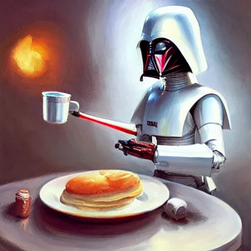 Prompt: Star wars battle droid making breakfast, painting by Vladimir Volegov