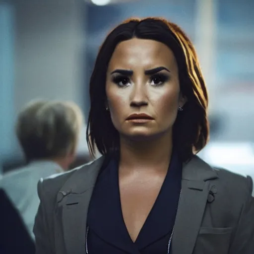 Prompt: close-up of Demi Lovato as a Diana Scully in an X-Files movie directed by Christopher Nolan, movie still frame, promotional image, imax 35 mm footage