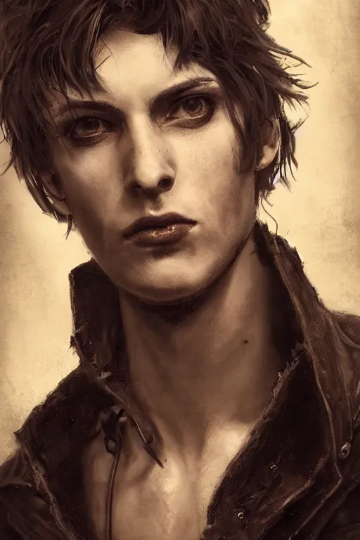 Image similar to a rough looking young man, very short brown hair, gothic, tattered leather coat, intricate, elegant, dramatic lighting, gorgeous face, highly detailed, lifelike, photorealistic, digital painting, artstation, illustration, concept art, smooth, sharp focus, art by John Collier and Albert Aublet and Krenz Cushart and Artem Demura and Alphonse Mucha