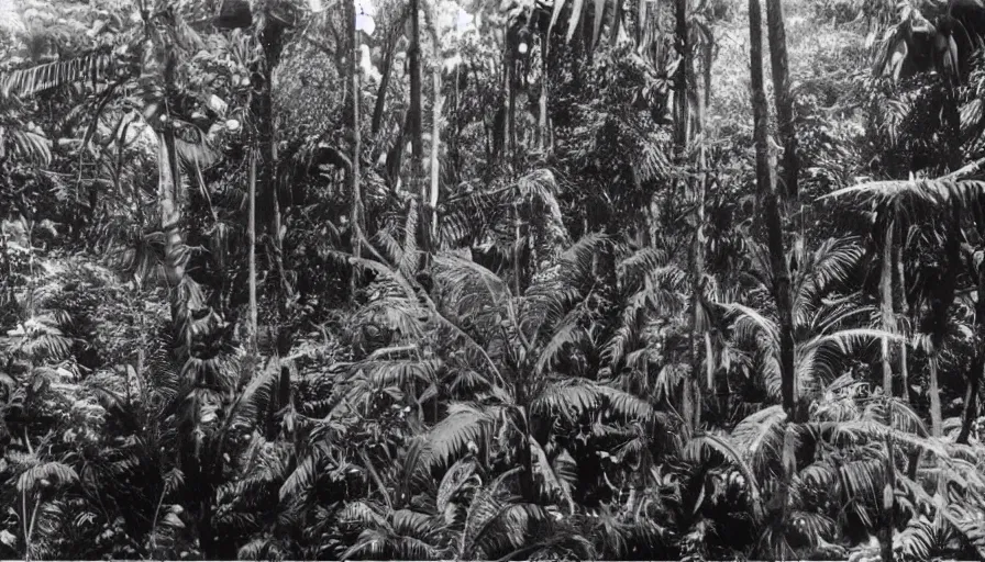 Prompt: lost film footage of a sacred object in the middle of the tropical jungle / film still / cinematic / enhanced / 1 9 2 0 s / black and white / grain