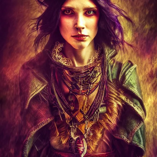 Prompt: portrait of a human warlock ,fantasy, D&D, HDR, , natural light, medium close shot, dynamic pose, award winning photograph, Mucha style