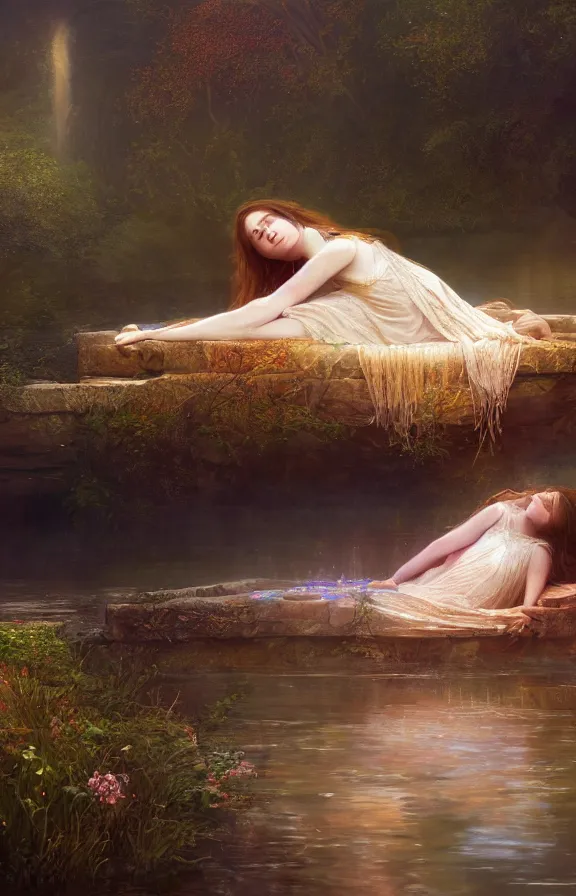 Prompt: beautiful lady of shalott laying in a river, sadness, longing, sharp focus, intricate, elegant, digital painting, artstation, matte, highly detailed, concept art, illustration, volumetric lighting, bokeh light, art by greg olsen and liz lemon swindle