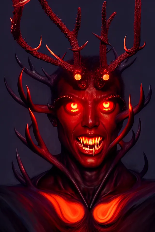 Prompt: a striking portrait of a pitch black lovecraftian figure with black antlers and flaming red eyes by moebius and ross tran and artgerm, trending on artstation, digital art, 4 k resolution, detailed, high quality, sharp focus, hq artwork, insane detail, volumetric lighting, character concept art, fine details, clear face