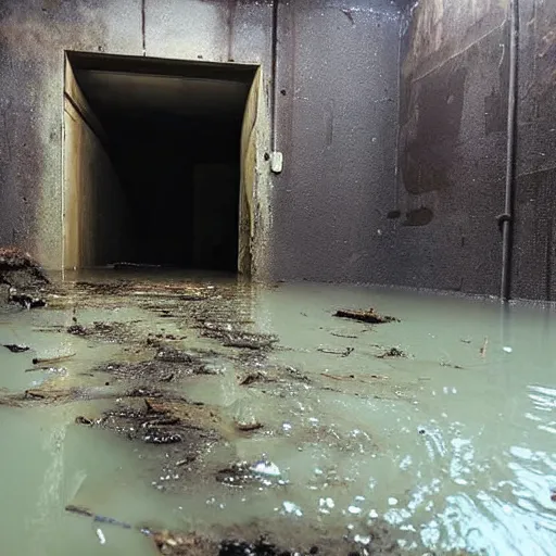 Image similar to underground bunker, flooded, dirty water, rusty pipes