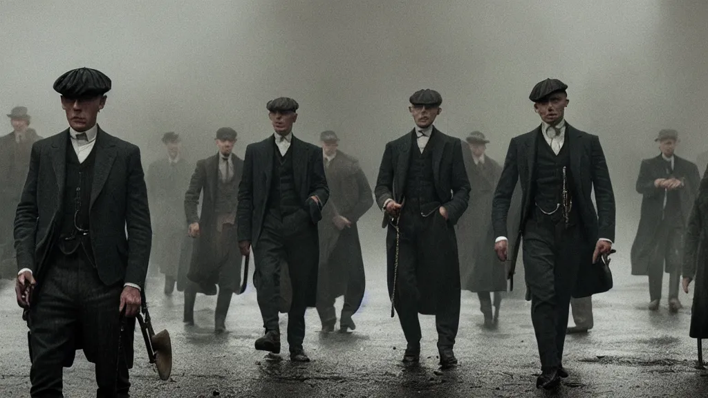 Image similar to the peaky blinders with shrimp heads, film still from the movie directed by denis villeneuve with art direction by zdzis