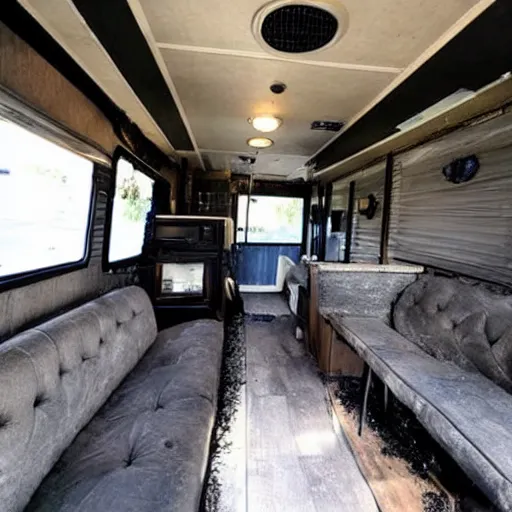 Prompt: a charred interior of an rv, craigslist photo