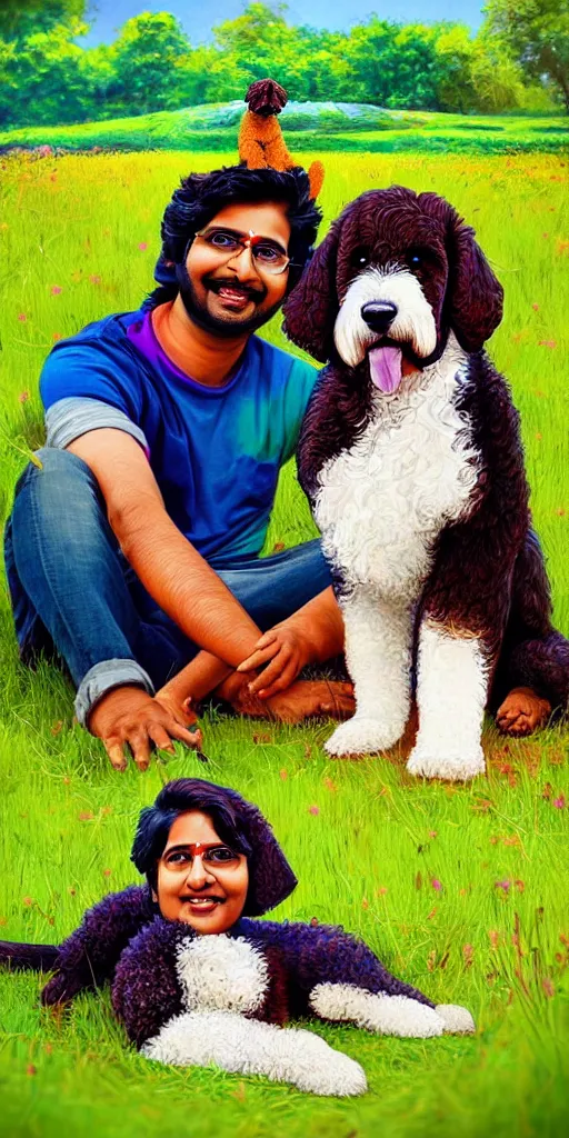 Image similar to an indian couple sitting with their bernedoodle puppy, in a field, very colorful, very cute, highly detailed, trending on artstation.