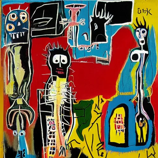 Image similar to garden of earthly delights painted by basquiat