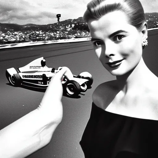 Image similar to selfie smartphone photo of a young Grace Kelly at the Monaco Gran Prix, F1 cars blurred in background, iphone photo, smartphone resolution, trending on instagram, influencer photography