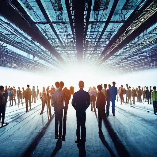 Image similar to crane shot of large group people in warehouse interior, looking at hologram of futuristic city on a table, cinematic still, godrays, golden hour, natural sunlight, 4 k, clear details, tabletop model buildings, tabletop model, ethereal hologram center, crane shot, crane shot, rule of thirds, people, people