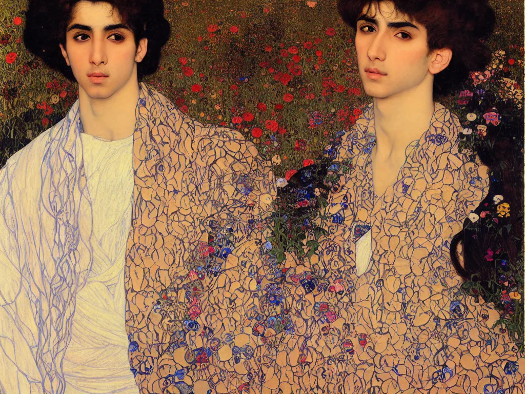 Image similar to beautiful medium shot portrait of a young arabic man inspired by ( ( ayami kojima ) ) with short hair dressed with a white t - shirt looking into the camera from three - quarters, white background white bank studio light, art by gustav klimt, alfons mucha and yoshitaka amano, 8 k