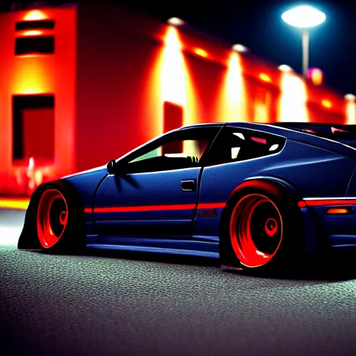 Image similar to a car 300ZX twin turbo drift at illegal car meet, Shibuya prefecture, city midnight mist lights, cinematic lighting, photorealistic, highly detailed wheels, high detail