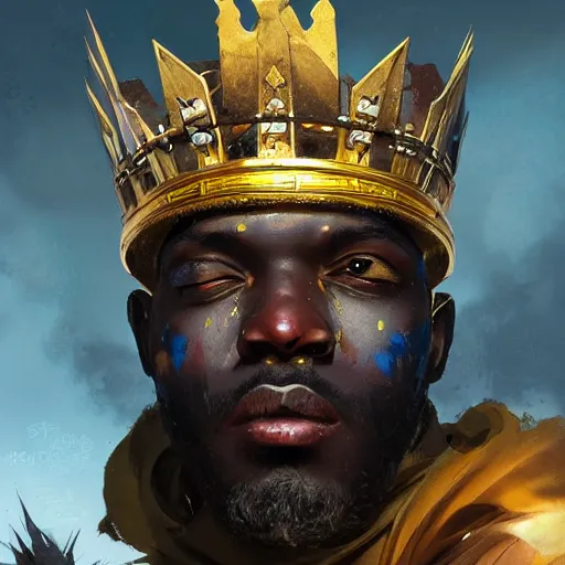 Image similar to a dark and ominous african moor with black eyes and a golden crown with a ruby, Apex Legends character digital illustration portrait design, by android jones and greg rutkowski, detailed, cinematic lighting, wide angle action dynamic portrait