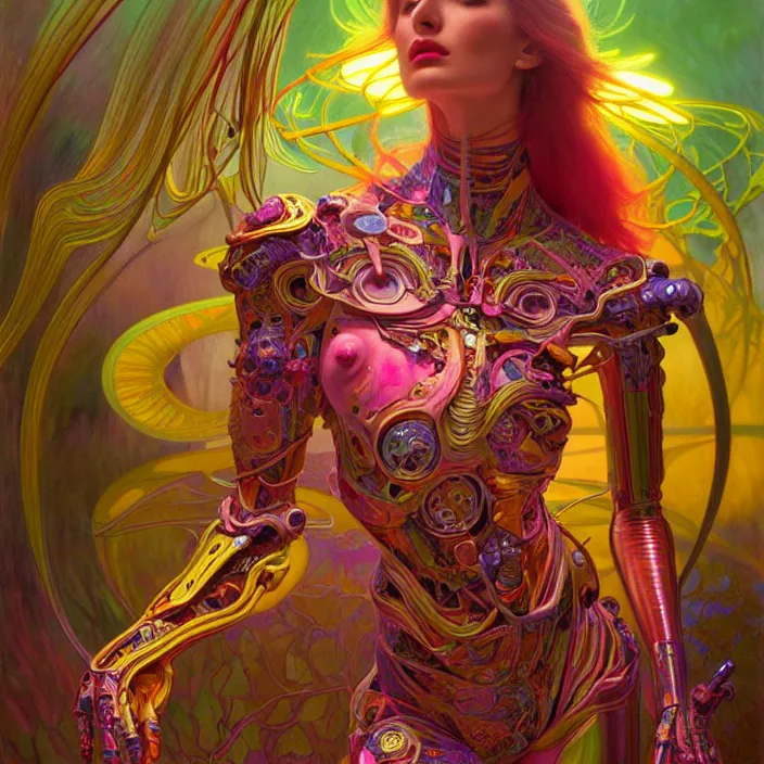 Image similar to bright psychedelic organic cyborg, 4th dimensional creature, diffuse lighting, fantasy, intricate, elegant, highly detailed, lifelike, photorealistic, digital painting, artstation, illustration, concept art, smooth, sharp focus, art by John Collier and Albert Aublet and Krenz Cushart and Artem Demura and Alphonse Mucha