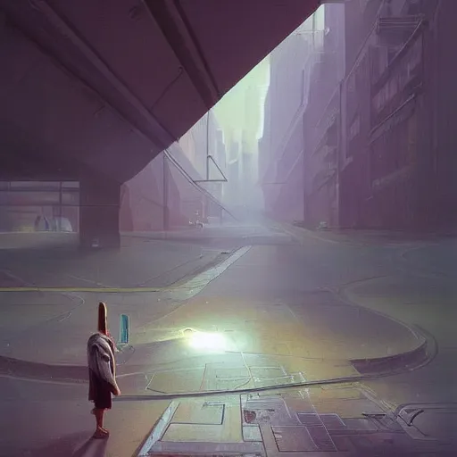 Image similar to a painting of a person standing on a road, concept art by chris labrooy, cgsociety, retrofuturism, sci - fi, concept art, futuristic