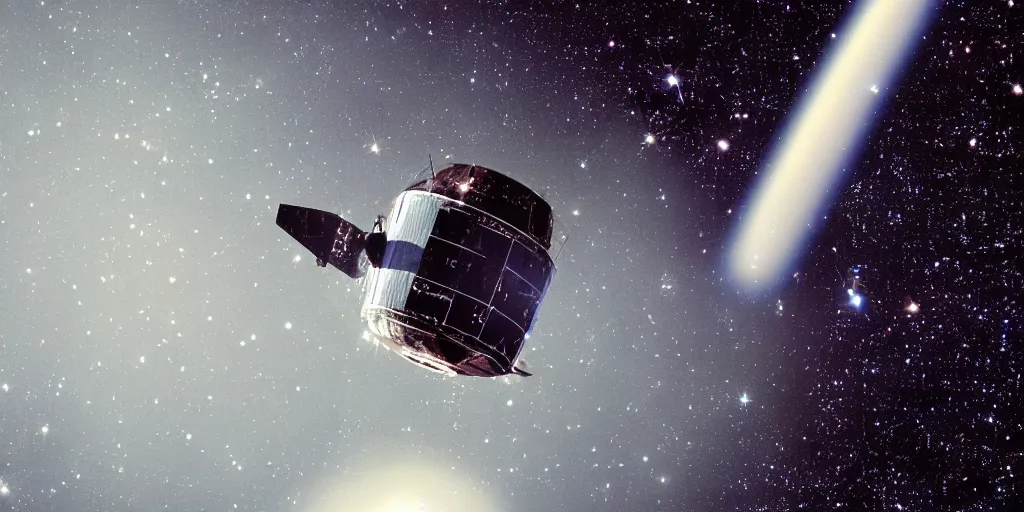 Prompt: analog photo of a big chrome satellite floating through the galaxy