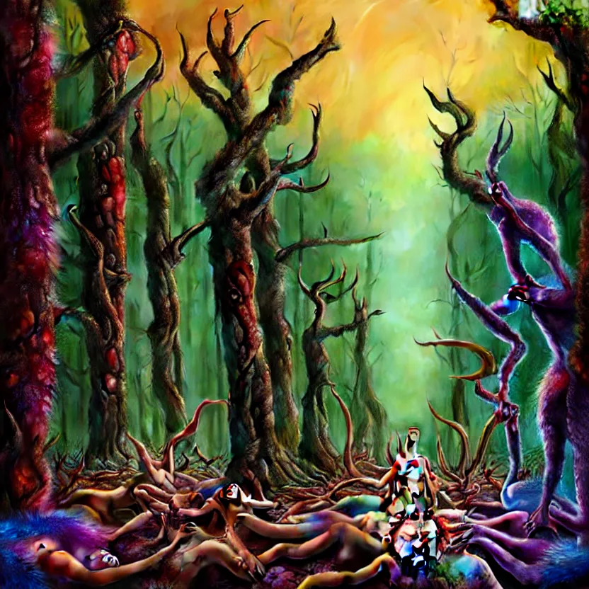 Prompt: an orgy of colorful, beautiful flesh - eating giant timikawas with rainbow fur eating terrified humans, in a whimsical forest with melting trees, nightmare scene, supernatural, highly detailed, creepy, terrifying, david cronenberg, hyper realistic digital painting