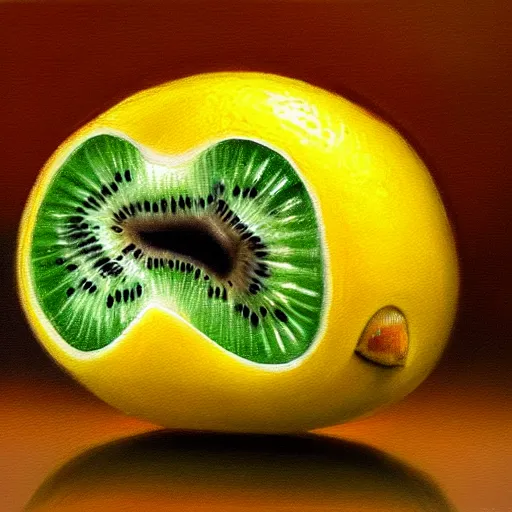 Image similar to an oil painting of a kiwi disguised as a lemon, artstation, hd, award winning