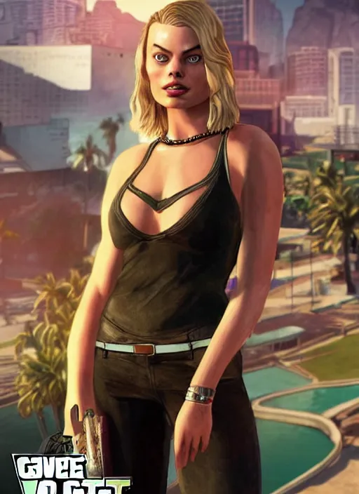 Image similar to margot robbie on gta v game poster, highly detailed