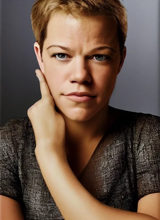 Image similar to portrait of beautiful female matt damon by mario testino, headshot, detailed, award winning, sony a 7 r