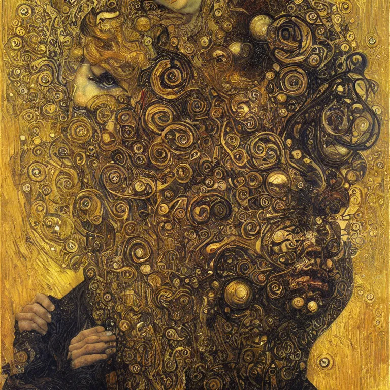 Image similar to Divine Chaos Engine portrait by Karol Bak, Jean Deville, Gustav Klimt, and Vincent Van Gogh, sacred geometry, visionary, mystic, fractal structures, ornate gilded medieval icon, spirals