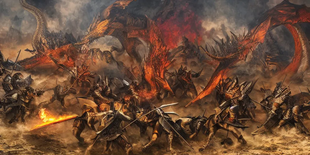 Prompt: ancient dragon breathing fire onto medieval knights on the battlefield, high detail, high definition, photorealistic, 8k