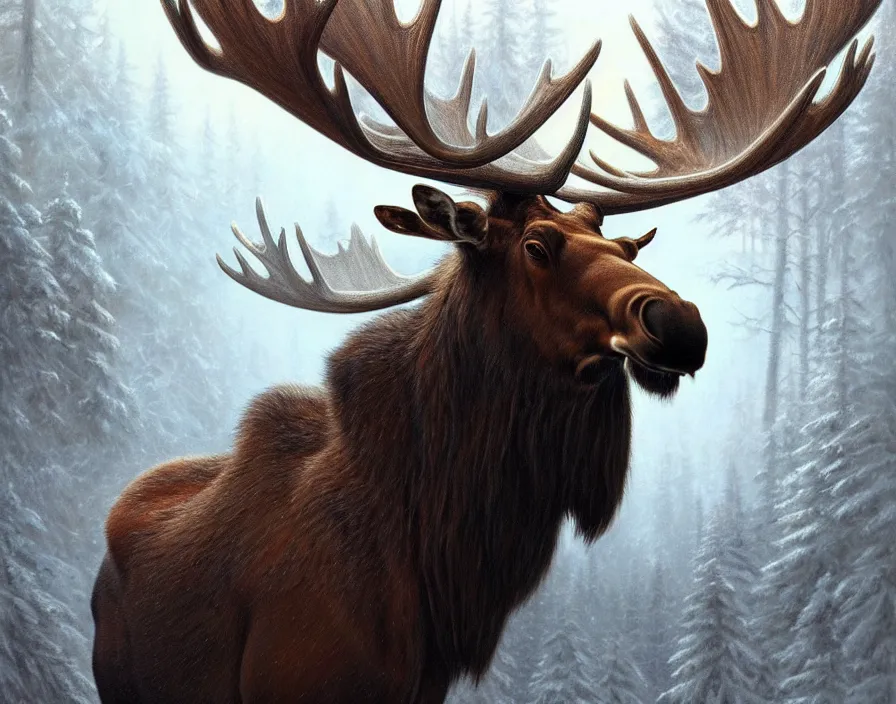 Image similar to a beautiful and very detailed painting of great ethereal moose with silver antlers, dynamic lighting, trending on artstation, path traced, highly detailed, high quality, digital art, hyper realistic, octane render, sharp focus, art by artgerm and greg rutkowski and alphonse mucha, 8 k