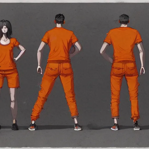 Image similar to man in orange t - shirt hugging girl, vivid colors, character sheet, fine details, concept design, contrast, kim jung gi, greg rutkowski, trending on artstation, 8 k, full body, turnaround, front view, back view, ultra wide angle