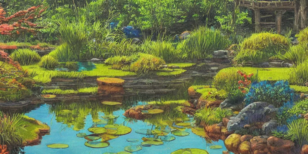 Image similar to pond landscape, by cosmo mulford, intricate, sharp focus, detailed, lively colors, studio ghibli color scheme