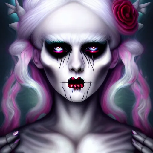 Image similar to goddess of death in a cemetary, white hair, bright, cool colors, digital painting, realism, extreme detail, trending on artstation, by natalie shau