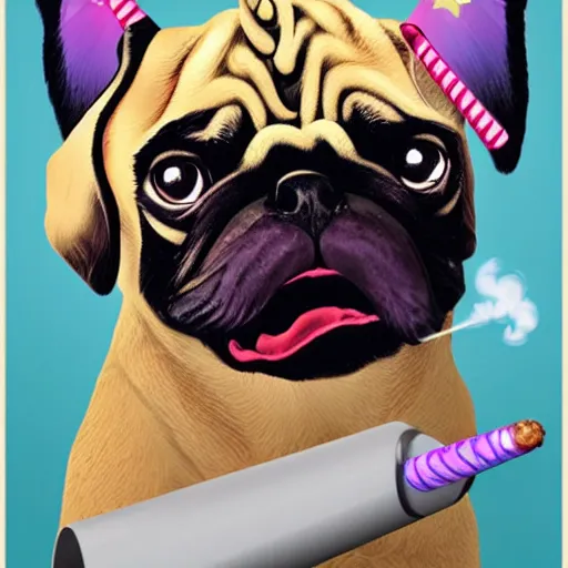 Prompt: a pug with wings and a unicorn horn smoking a cigar