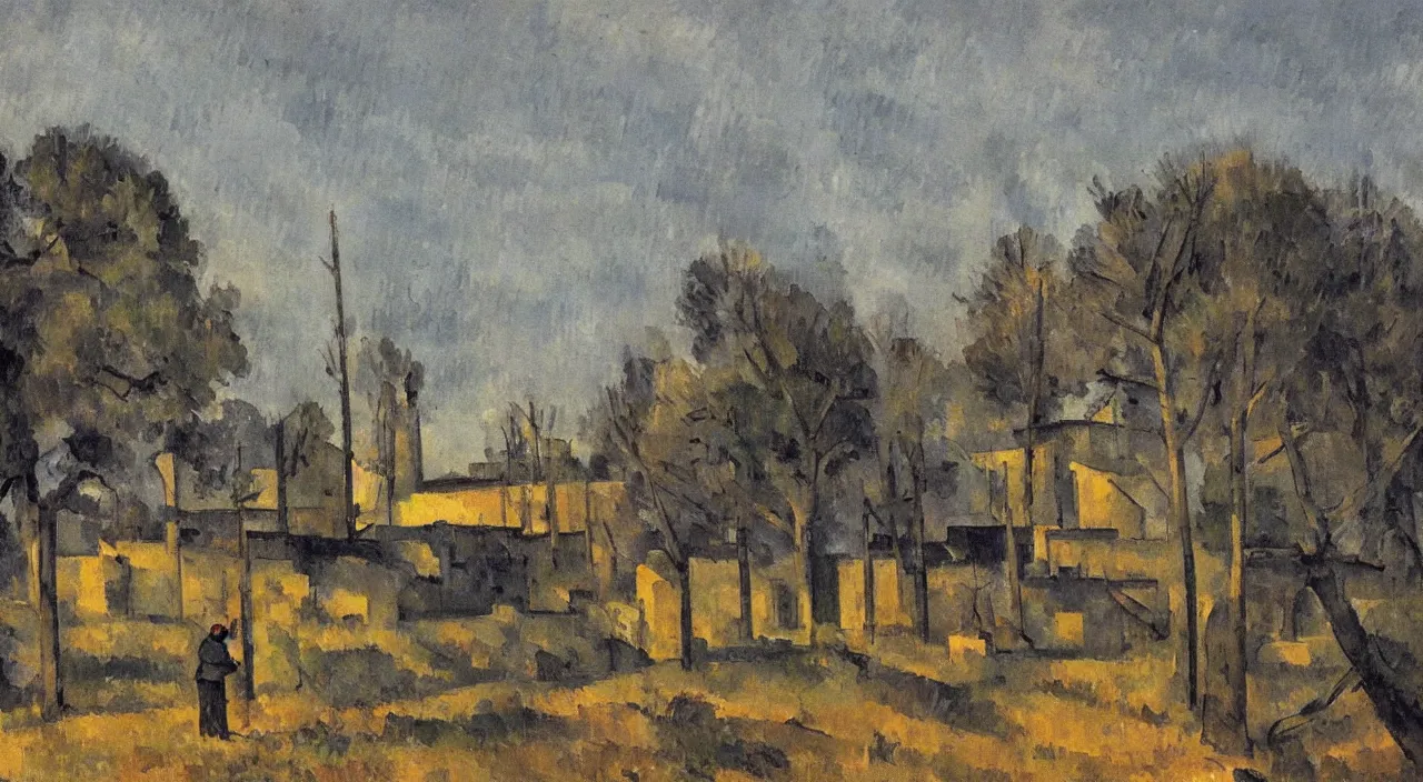 Prompt: a sad solitary old man looks on as in the evening sunlight as in the distance a factory is demolished, in the style of paul cezanne