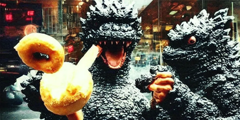 Image similar to godzilla eating donuts, happy friday everyone, funny, happy, silly, funny