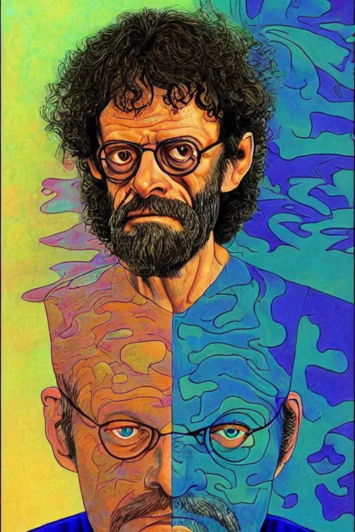 Image similar to an awesome jean giraud portrait of terence mckenna in the style of a rennaissance masters portrait, mystical and occult symbolism