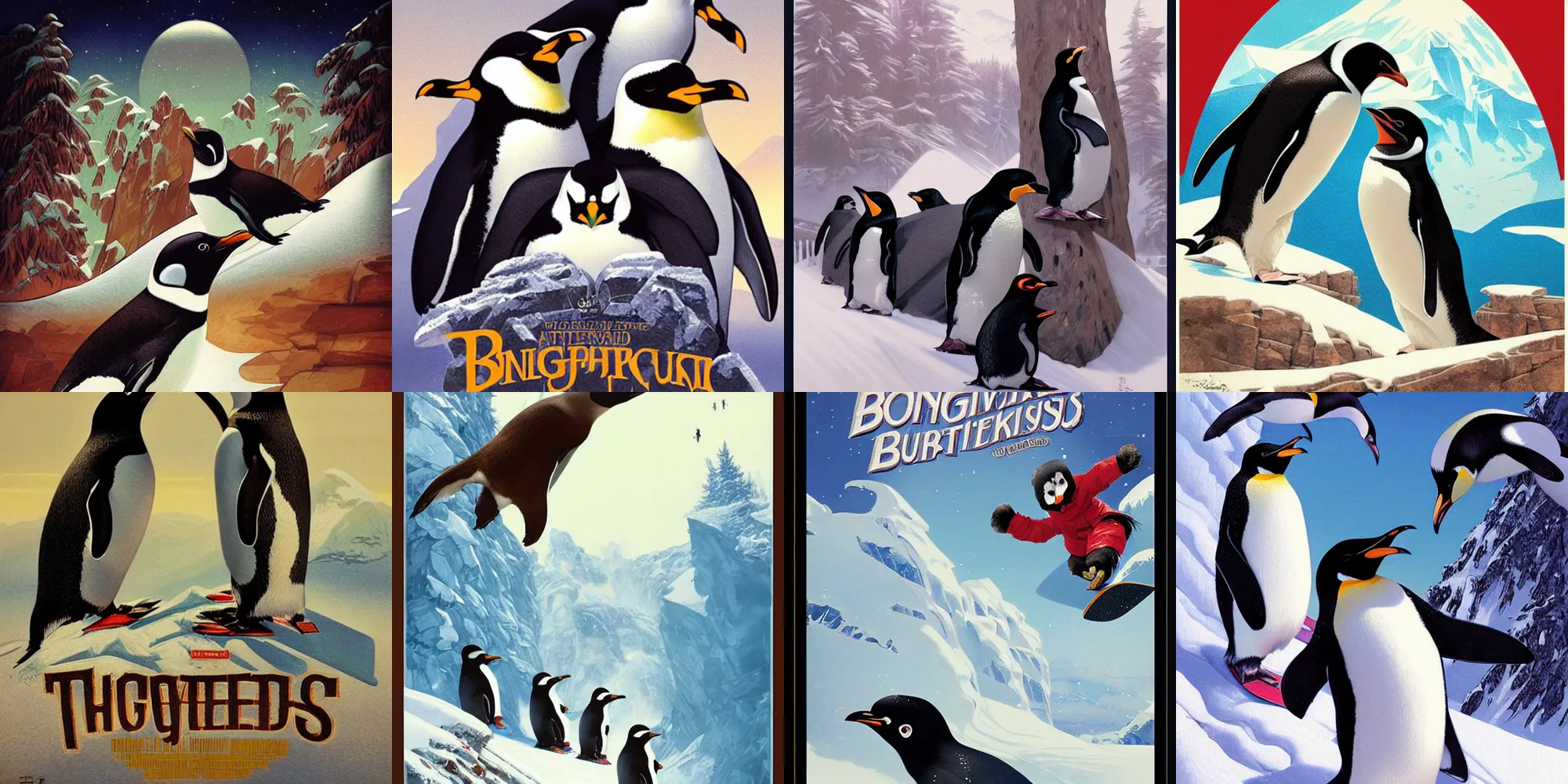 Prompt: movie poster, snowboarding penguins, painted by tsuyoshi nagano, greg rutkowski, artgerm, alphonse mucha