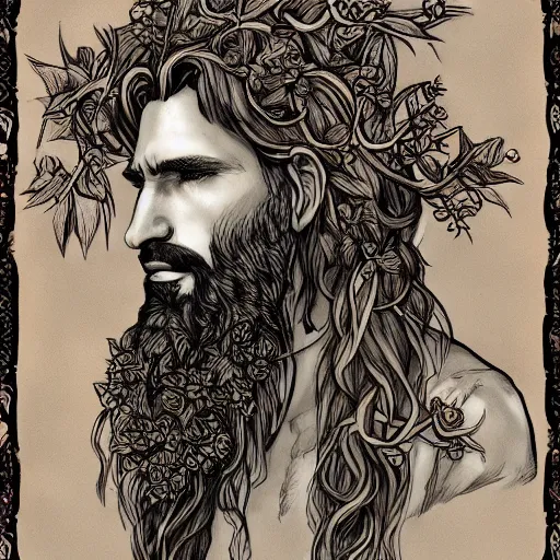 Prompt: huge male druid gray face pointy ears long beard with vines as hair hibiscus flowers detailed drawing pastelle colors