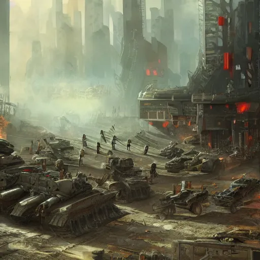 Prompt: bloody war scene, explosions, soldiers running, fog, sun beams, big machines dieselpunk style, no text, painting style