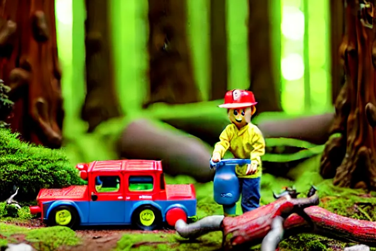 Image similar to fisher price redwood forest, california scene from tv show hyper detailed 5 5 mm 8 5 mm, toy photography, made out of plastic