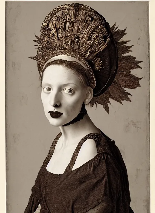 Image similar to portrait of young woman in renaissance dress and renaissance headdress, art by irving penn