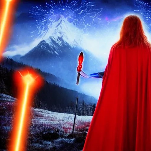 Image similar to red headed woman dressed in dark blue wizard robes holding a wooden staff covered in glowing red runes topped with a glowing gem. background of snowy mountains. fantasy painting.