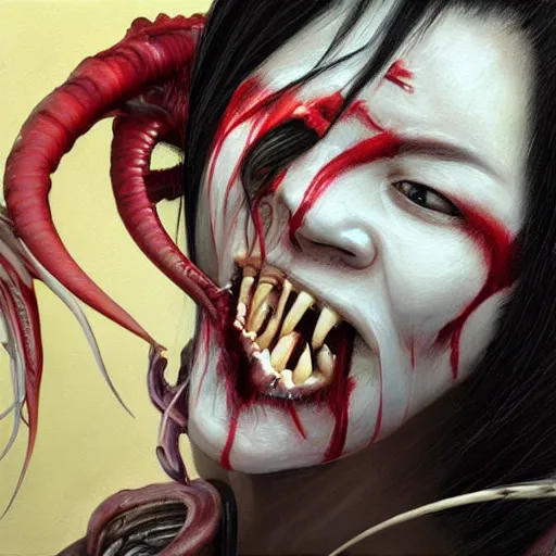 Prompt: a realistic painting by Raffaello Sanzi depicting the Kuchisake-onna with the head of the symbiotic Xenomorph in the Renaissance,smooth,Sharp focus, trending on Artstation.