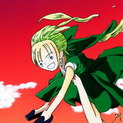 Image similar to anime, girl, green dress, flying, one piece, by akira toriyama