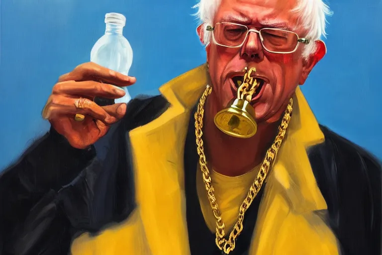 Image similar to Bernie Sanders as rap artist wearing gold chains and gold teeth, drinking cough syrup, oil on canvas, artstation, portrait, masterpiece, aesthetic