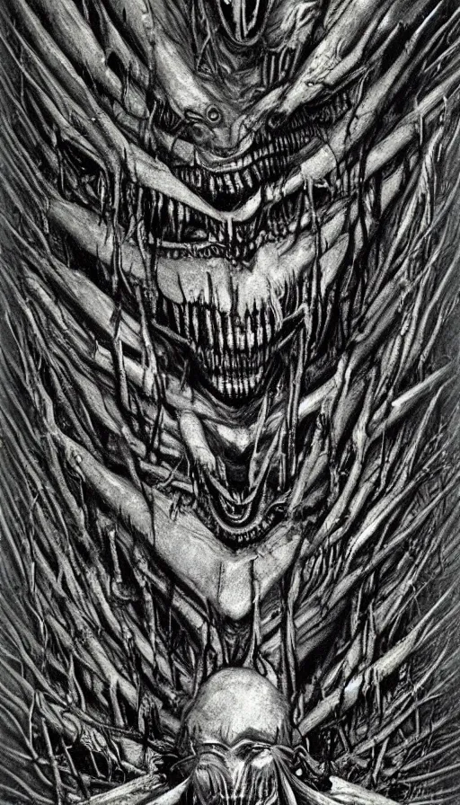 Image similar to a storm vortex made of many demonic eyes and teeth over a forest, by hr giger